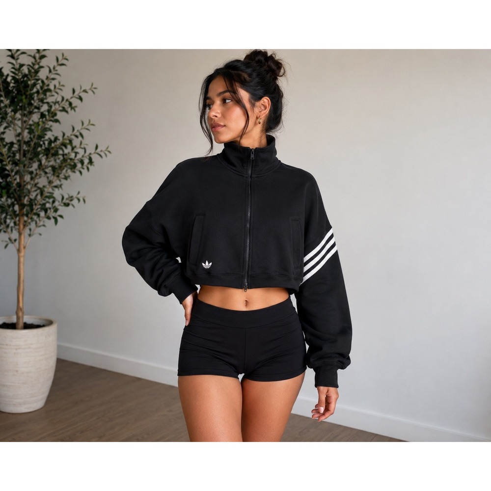 Adidas‎ Neuclassics Track Top Large Black Cropped Boxy Zip Up Jacket Sporty